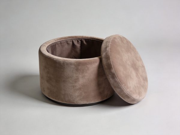 Round Faux Suede Storage Ottoman In Taupe